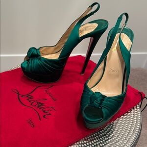 Christian Louboutin Green Satin Jenny 150 Slingback Heels